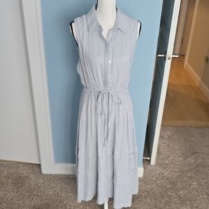 Calvin Klein Soft Blue White Nautical Linen Striped Shirt Collored Midi Dress 10